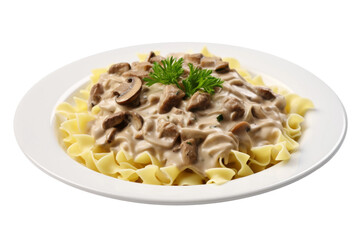 A Symphony of Flavors: White Plate Adorned With Pasta in Decadent Mushroom Sauce. On a White or Clear Surface PNG Transparent Background.