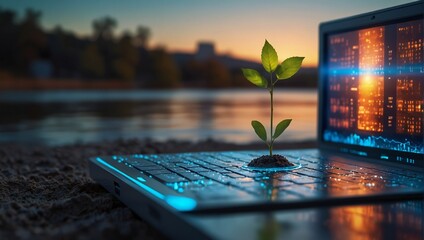 Supper Technology Concept, Greenhouse Gas Emissions a Glowing plant growing on computer chip representing digital ecology business and blurred background with Daylight saving , real estate concept and