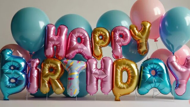 Beautiful blue and pink helium balloons in the shape of happy birthday letters. Festive decoration of a room for an anniversary. Festive holiday decor. Hb celebration. Welcoming greeting party.