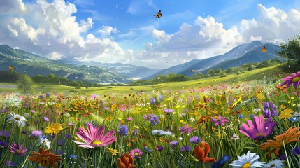 Wildflower Meadow: A vast meadow blooms with a riot of wildflowers, painting the landscape with vibrant colors as bees and butterflies flit from blossom to blossom