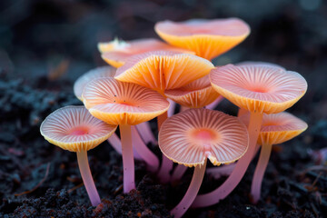 Striking image of bioluminescent mushrooms with a vibrant orange glow against a dark soil background, highlighting their unique luminosity and delicate structures in a mystical natural setting