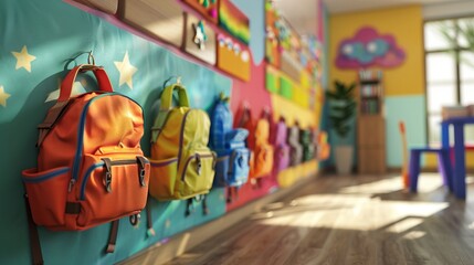 Fototapeta premium Children's colorful backpacks adorn classroom coat rack