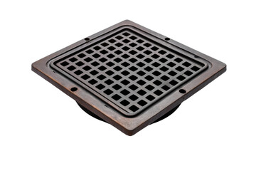 The Gleaming Guardian: A Square Metal Floor Drain Cover. On a White or Clear Surface PNG Transparent Background.