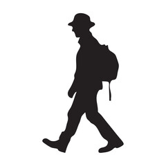 Silhouette of a traveler with a bag. Vector icon