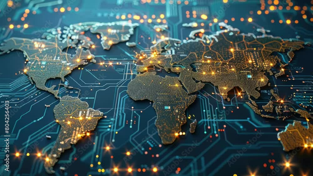 Poster world map digital tech circuit board background