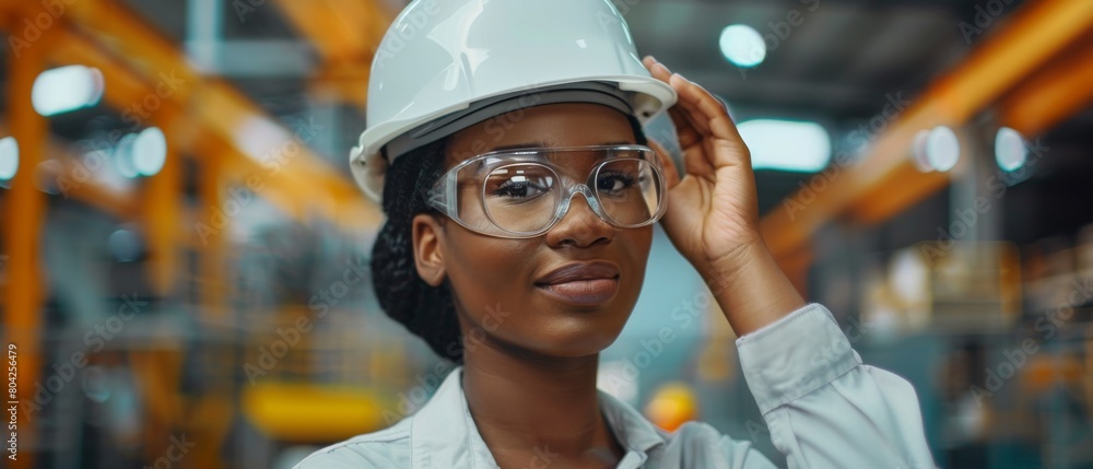 Sticker Middle-aged, happy black woman wearing a white hardhat at an electronics manufacturing factory. Heavy Industry Specialist posing for the camera.