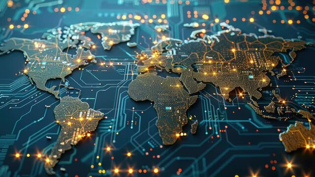 World map digital tech circuit board background