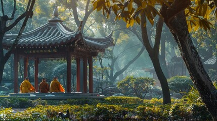 A tranquil early morning scene at a Buddhist temple, with monks in vibrant robes meditating silently, surrounded by the gentle sounds of nature.