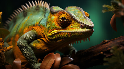 Fototapeta premium green iguana on a branch, zoom face in forest Vector, Art, Illustration, Clipart