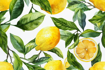 Lemon fruits tropical summer seamless pattern vector with hand drawn watercolor style illustration