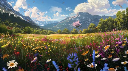 Wildflower Meadow: A vast meadow blooms with a riot of wildflowers, painting the landscape with vibrant colors as bees and butterflies flit from blossom to blossom