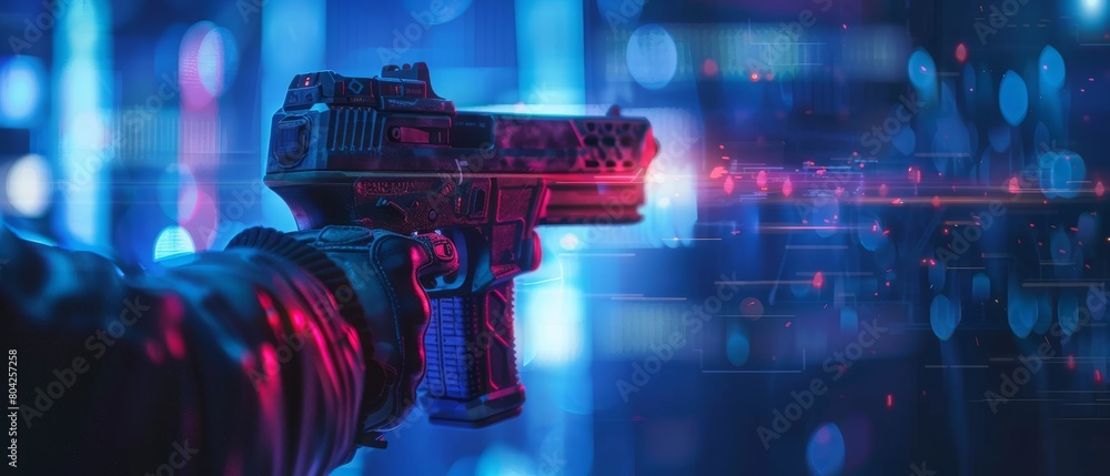 Poster a night time video game mock-up concept using an online multiplayer 3d render of a shooter. a fun fp