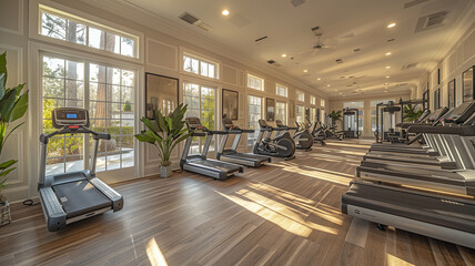 This large gym filled with treadmills and natural light streaming in through the windows.