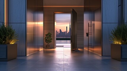 A sleek luxury home with a front door that opens to a panoramic view of the city skyline