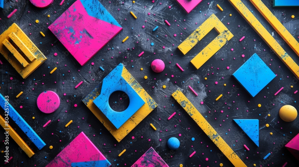 Poster Various vibrant geometric shapes in different sizes and colors laid out on a stark black background