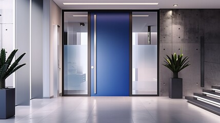 A sleek modern home entrance with a cobalt blue door and frosted glass panels