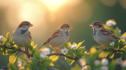 Poster de jardin  Joyful Bird Choir on Blossoming Spring Tree Branches in Sunlit Garden  © btiger