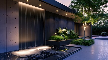 A sleek modern home entrance with a water feature and recessed lighting