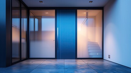 Fototapeta premium A sleek modern home entrance with a cobalt blue door and frosted glass panels