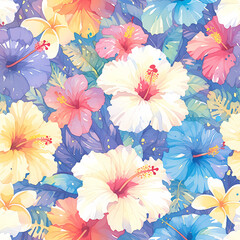 A vibrant and colorful watercolor design featuring an arrangement of hibiscus flowers with a dynamic pattern that can be used for various creative projects.
