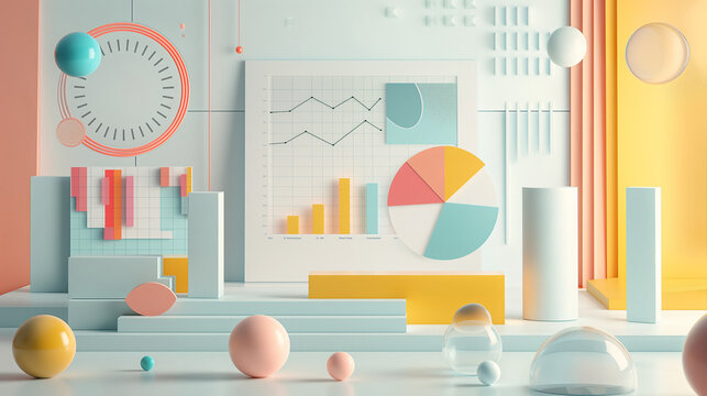 3d render colorful graph elements, PPT page design, multiple content plates, chart data comparison, retro futuristic style, minimalism, minimalist color matching, 3D elements