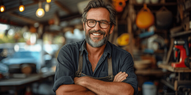 Confident Car Mechanic Smiling in Workshop Setting