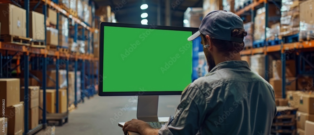 Poster young man operating a computer with a chromakey mock-up display. distribution manager and employee w