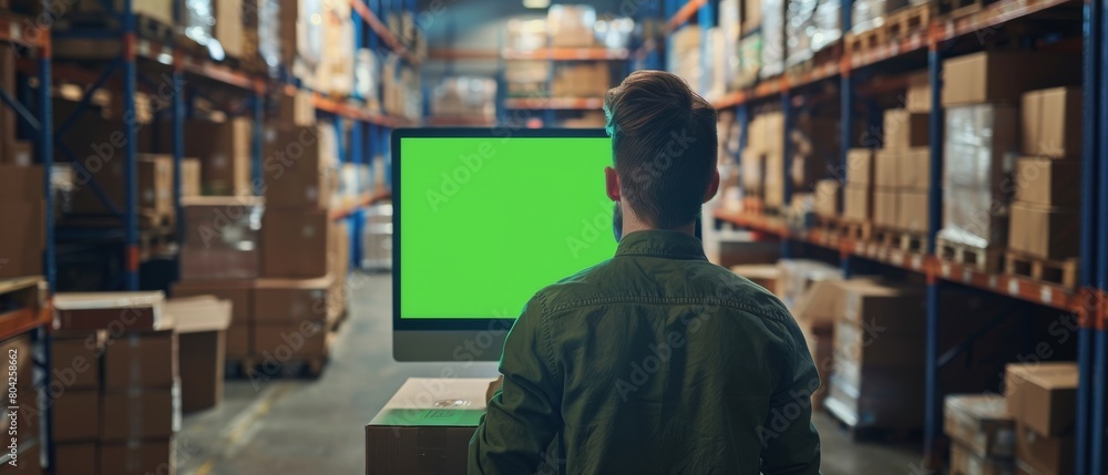 Poster over the shoulder footage of a man using a desktop computer with a green screen and chromakey mock u