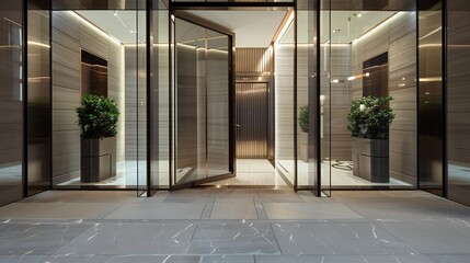 A sophisticated entrance with a mirrored facade and a hidden door