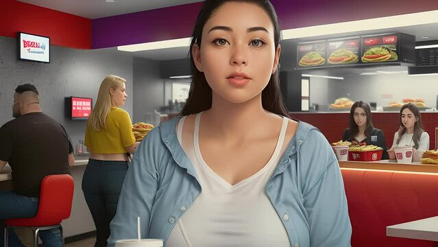 Young woman weight evolution eating fast food aniamtion.Young slim fit woman weighing 30 kg and gradually reaches the weight 250 kg eating fast food,woman looks directly to camera.High quality 4k