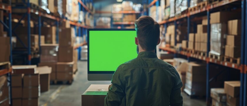 Over the shoulder footage of a man using a desktop computer with a green screen and chromakey mock up display. Distribution Manager and Employee working in a distribution warehouse with cardboard