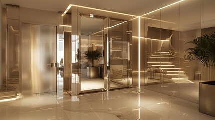 A sophisticated entrance with a mirrored facade and a hidden door