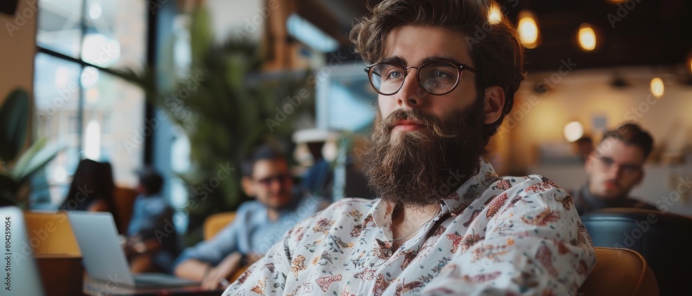 Poster this image shows an attractive long-haired bearded specialist sitting in front of a computer at a ma