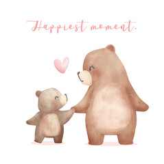 Heartwarming Mothers Day Bear Mom and Baby Cub holding hand Adorable watercolor illustration.