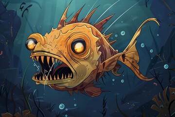 Anglerfish in a cartoon vector style, menacing yet cute, dark ocean backdrop, angled view