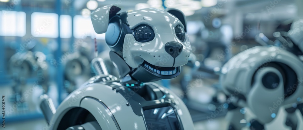 Poster a close up of a robot dog prototype with a smiling emoji face on display in an industrial facility. 