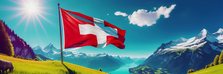 Celebrating the anniversary of Switzerland's Independence Day. The Swiss flag. nature of Switzerland