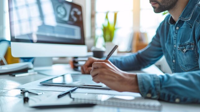 Architect working on graphics tablet at desk in office