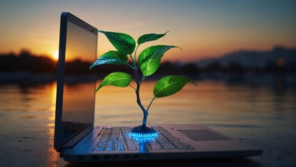 Supper Technology Concept, Greenhouse Gas Emissions a Glowing plant growing on computer chip representing digital ecology business and blurred background with Daylight saving , real estate concept and