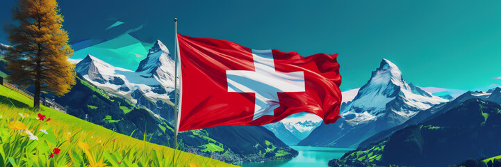 Celebrating the anniversary of Switzerland's Independence Day. The Swiss flag. nature of Switzerland