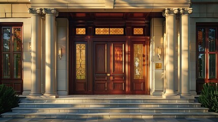 A traditional luxury home entrance with a mahogany door and leaded glass windows