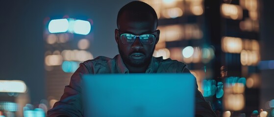 The image depicts a handsome black project manager making a video call on a laptop computer in an evening office setting. An African specialist is speaking live to a marketing colleague.