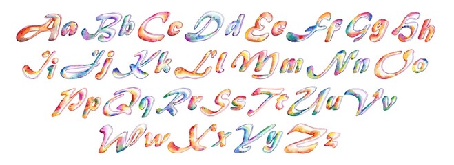 Watercolor English alphabet in bright rainbow colors. Hand drawn watercolor alphabet. Letters clipart elements for design.