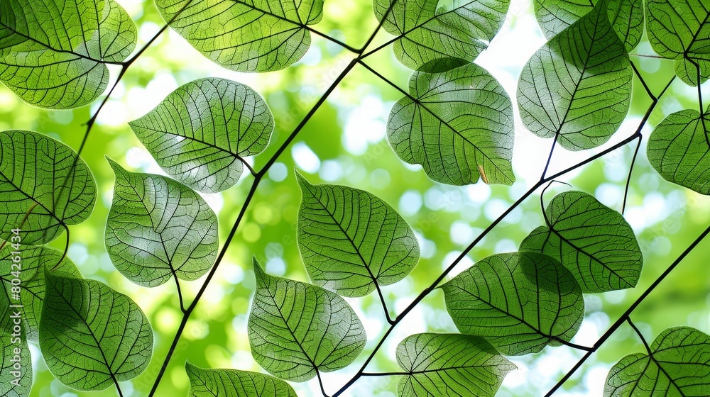 Poster Detailed close-up of vibrant green leaves on a tree branch, showcasing intricate patterns and textures