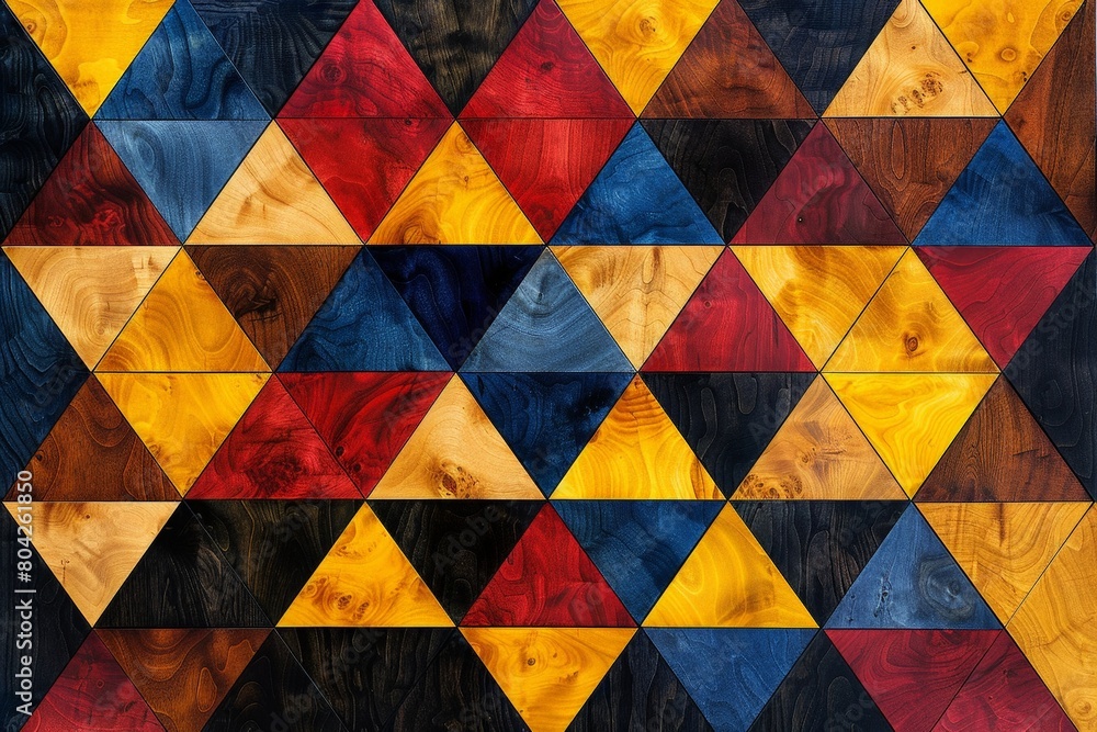 Poster A painting featuring a vibrant array of colorful triangles set against a wooden background