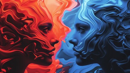 Two women's faces are shown in a blue and red swirl