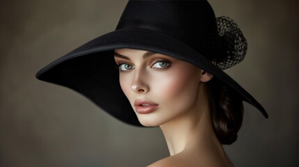 A timeless portrait of a model, the black hat perched jauntily atop her head, framing her meticulously styled hair and makeup, evoking a blend of classic glamour and modern sophistication.