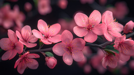 A branch of delicate pink cherry blossoms against a dark background.