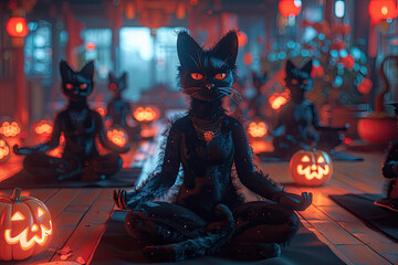 A coven of black cats practicing yoga in a haunted house.