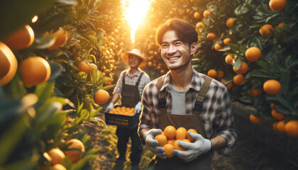 Cheerful young man collecting fresh oranges in a sunlit orchard, with another farmer in background.
